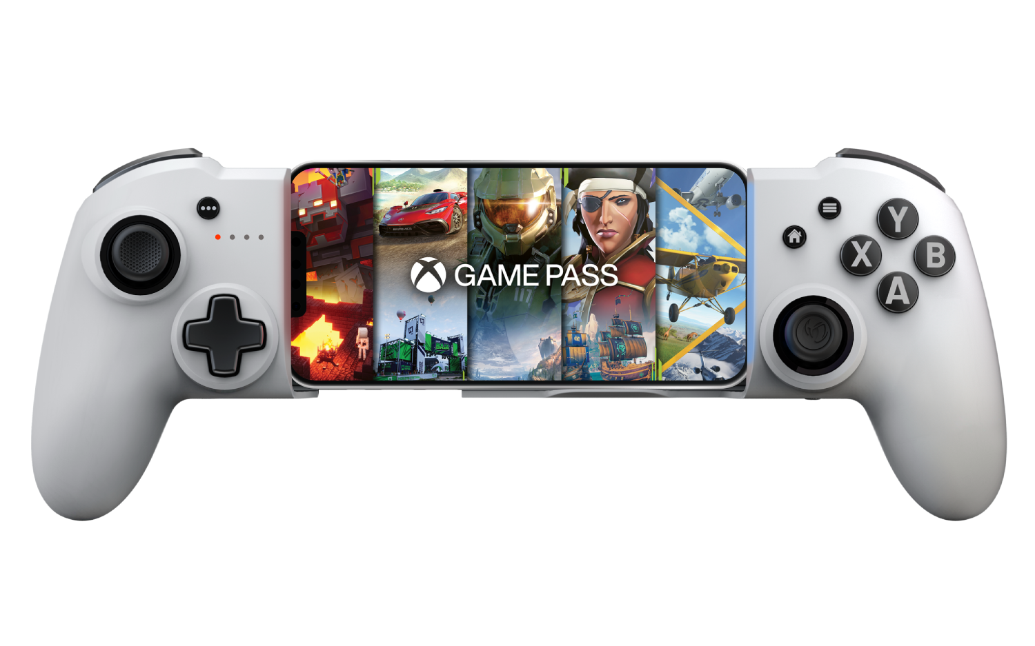 Controlador de juego blanco sosteniendo un teléfono que muestra contenido de Game Pass.