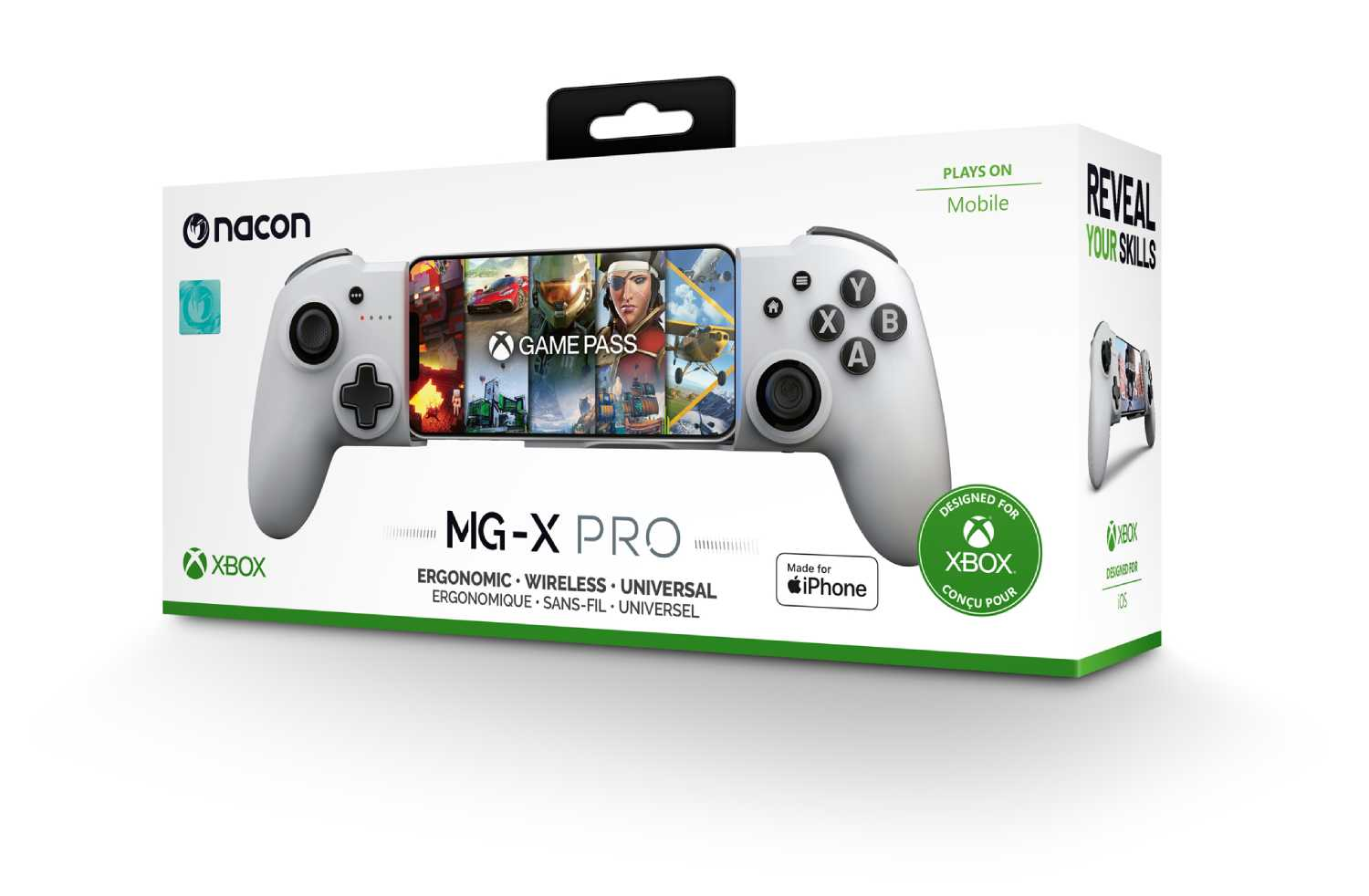 Mando Xbox blanco y gris en una caja. La caja tiene la palabra 'Nacon'.