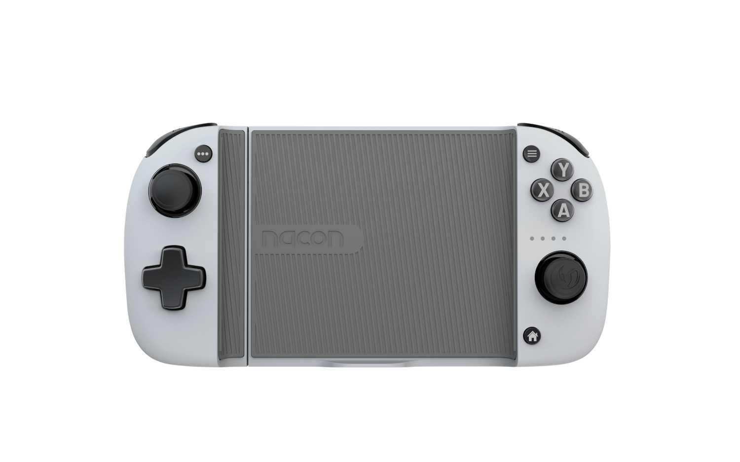 Mando de juego blanco y gris. D-pad, botones y palancas visibles. La palabra NACON está presente.