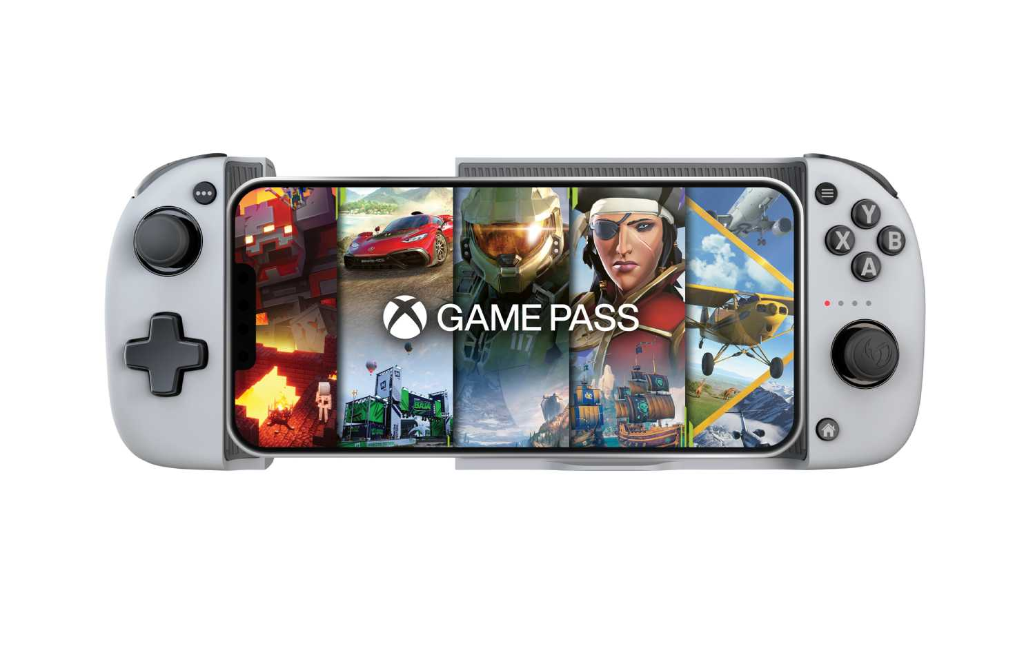 Un mando blanco con un teléfono que muestra juegos de Xbox Game Pass, sobre un fondo blanco.