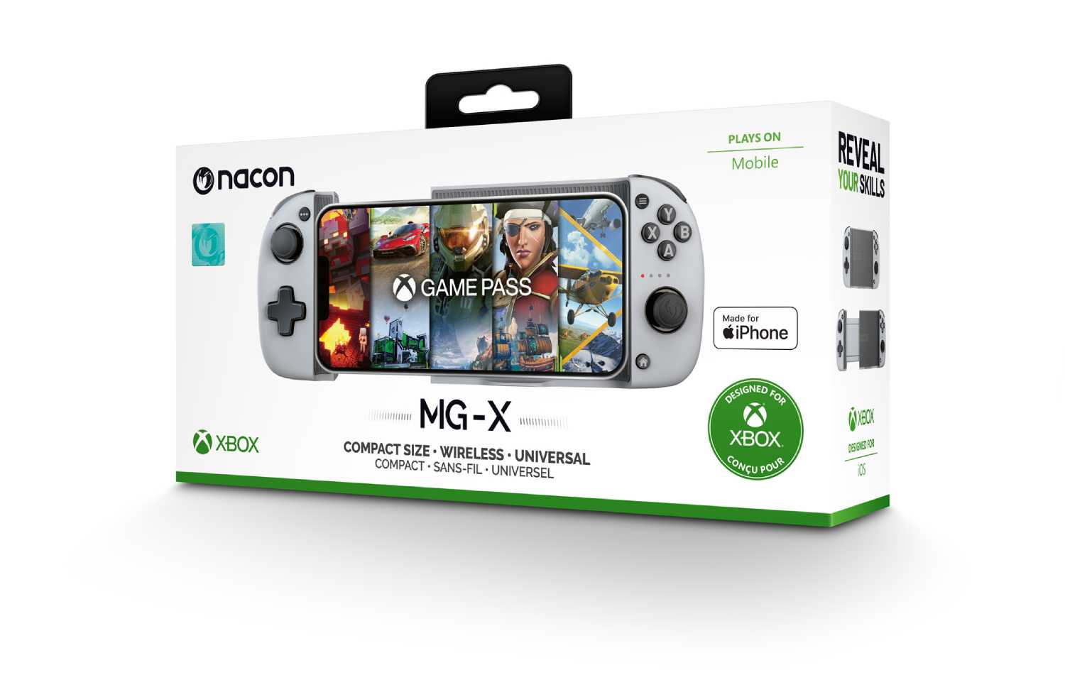 Caja de mando de juegos. El mando está dentro. Fondo blanco. La caja dice "MG-X".