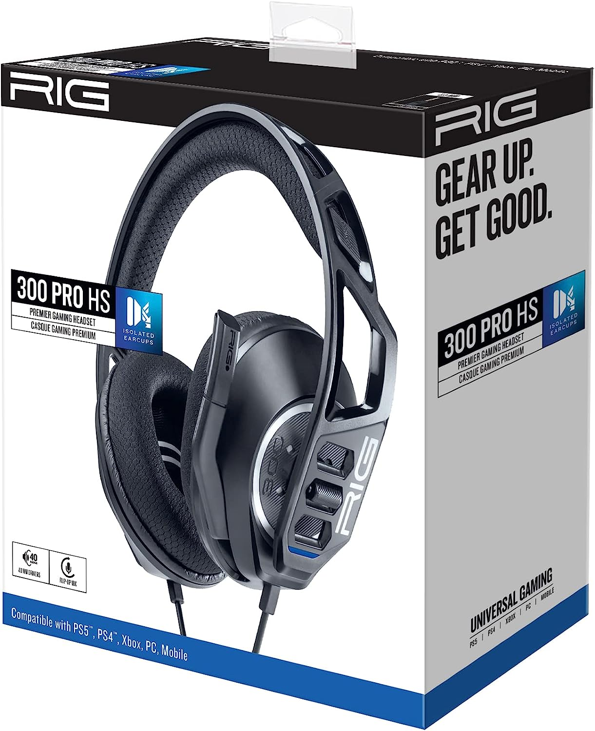 Una caja de auriculares con unos auriculares negros. El texto dice 'RIG 300 PRO HS' y 'UNIVERSAL GAMING'.