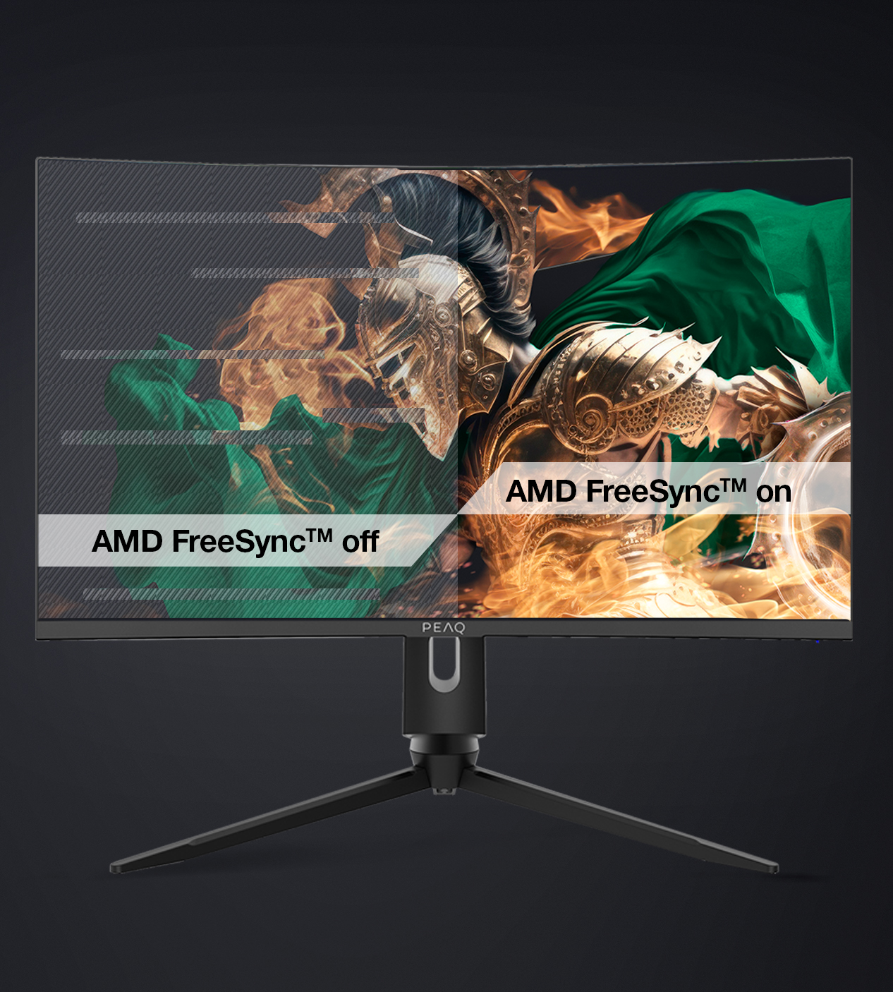 Ívelt monitor, fekete, AMD FreeSync be/ki feliratokkal. Harcos kép látható.