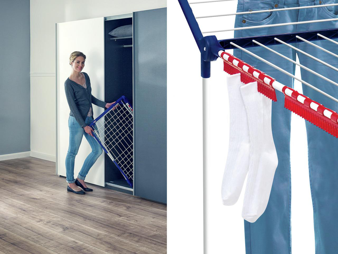 Frau mit Wäscheständer und hängenden Socken neben einem Kleiderschrank.