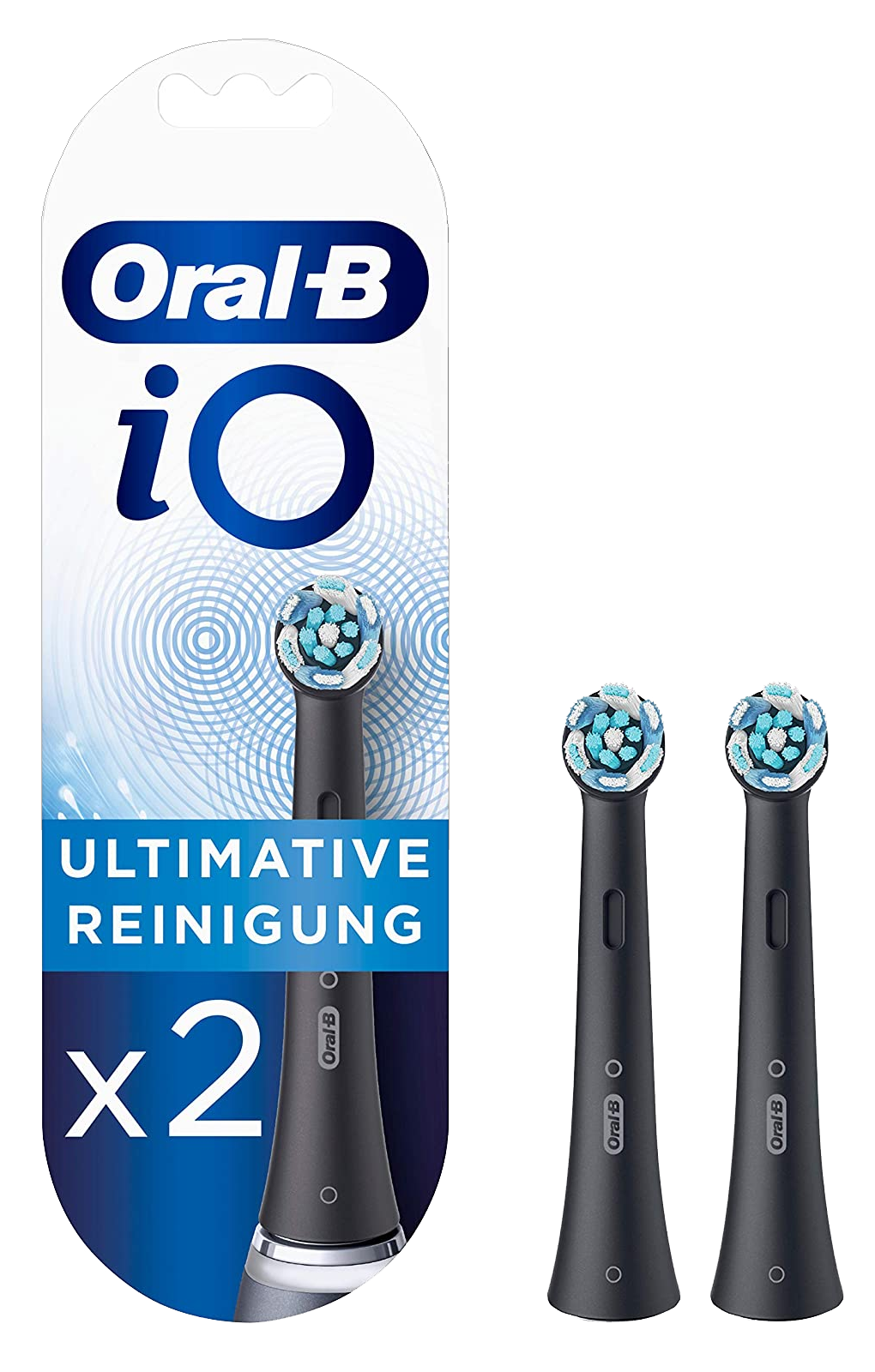 Verpackung für Oral-B iO Zahnbürstenköpfe. Zwei schwarze Bürstenköpfe sind sichtbar.