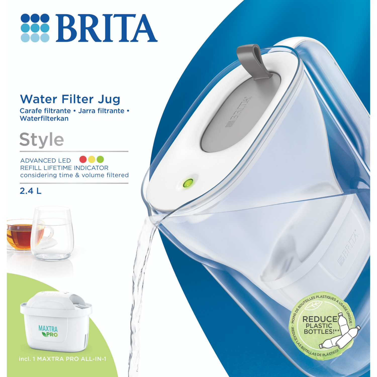 Brita water filter jug with a pouring spout. A glass of water and a filter are to the left.