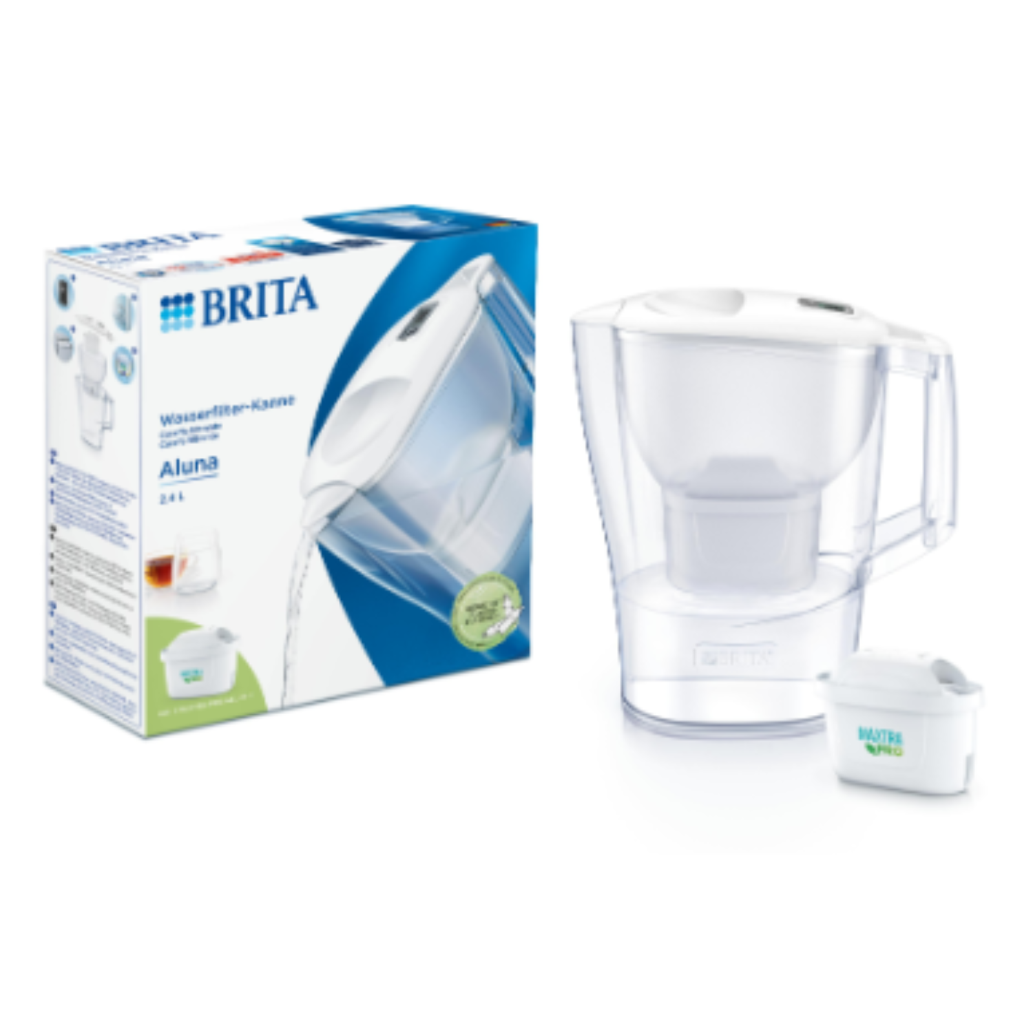 A water filter pitcher with a filter and box.