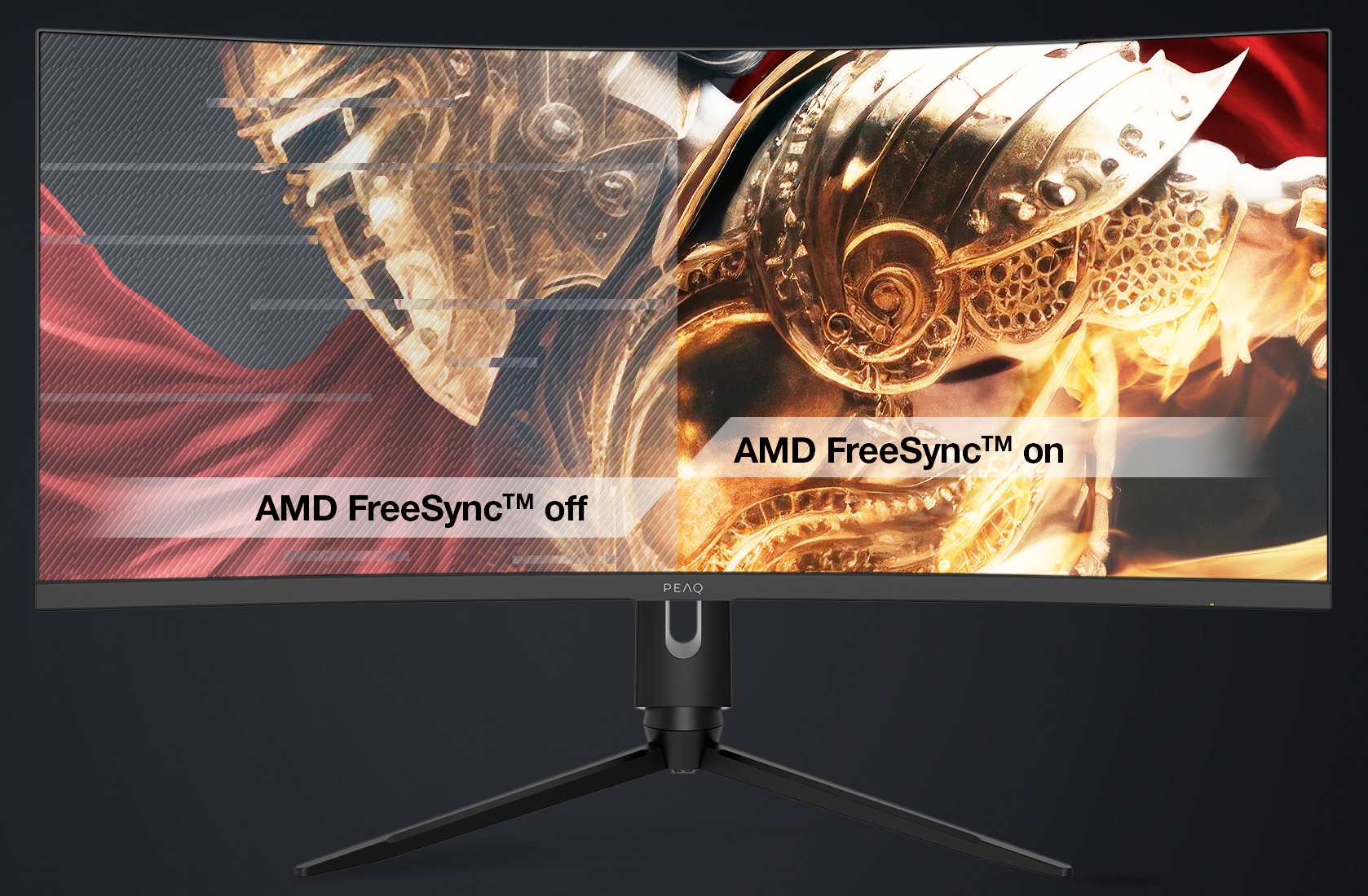 Ívelt monitor AMD FreeSync be/ki kijelzővel. Fekete állvány és háttér.