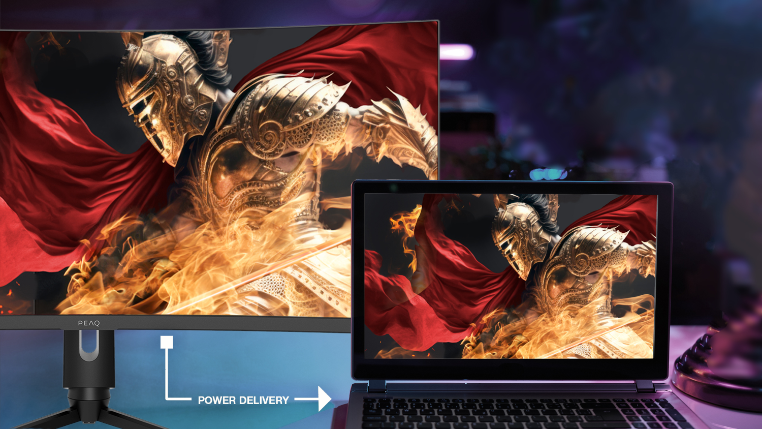 Gaming setup: ívelt monitor és laptop. Aranysisakos lovag, piros köpennyel.