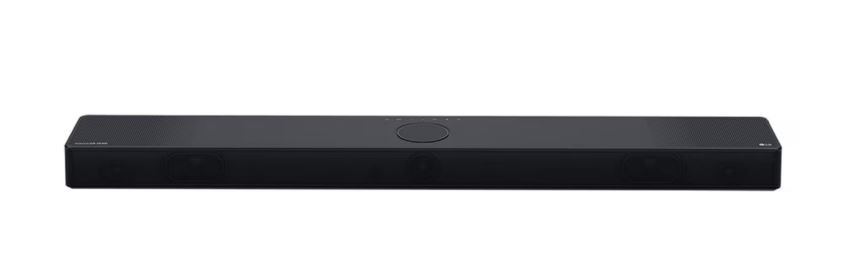 Beyaz bir arka plan üzerinde siyah bir soundbar, sağ tarafta LG logosu.