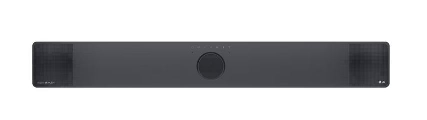Siyah LG soundbar. Uçlarda hoparlörlerle dikdörtgen şeklinde. Ortada düğmeler.