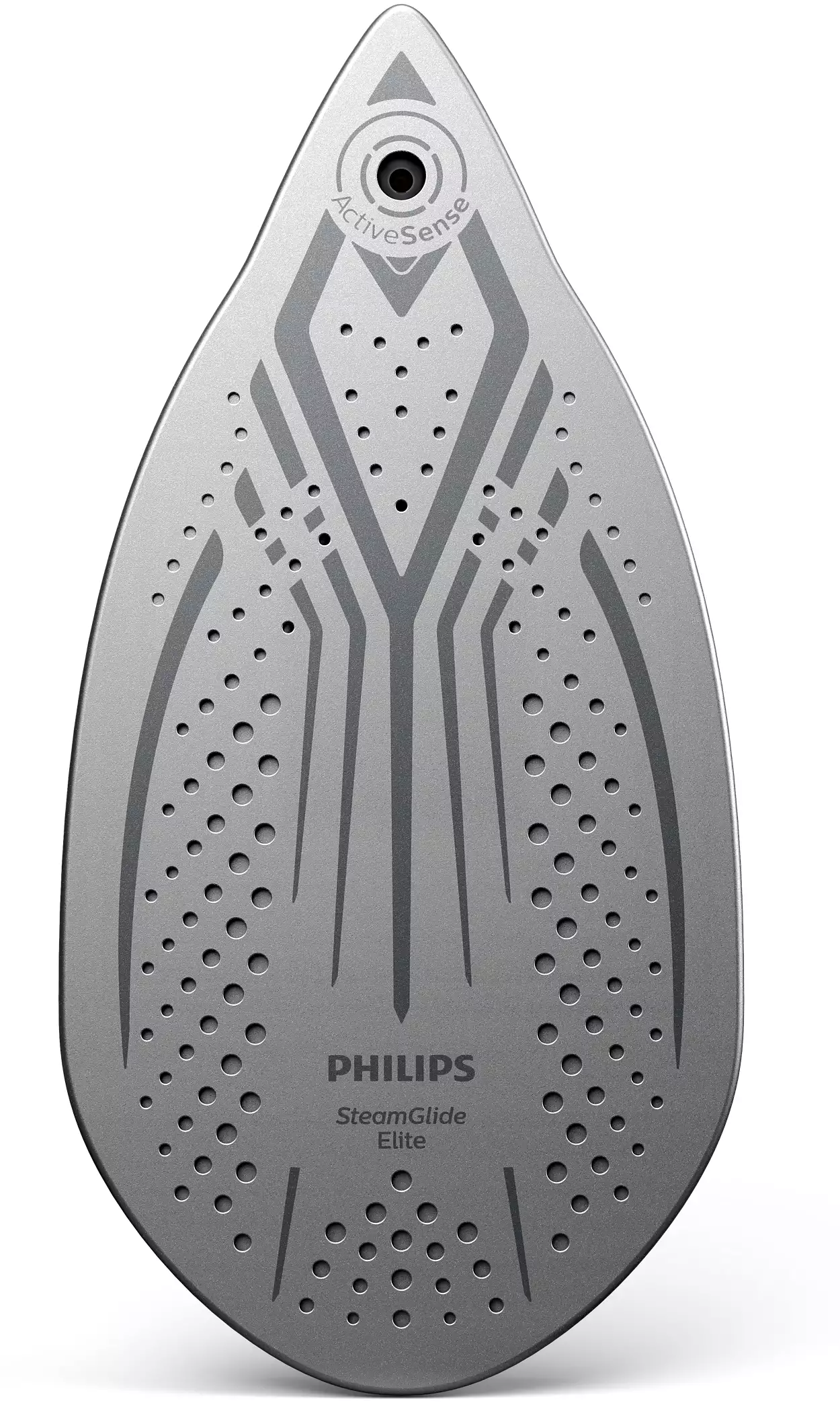 Ezüst vasalólap. ActiveSense-szel, SteamGlide Elite-tel és Philips márkajelzéssel, lyukakkal.