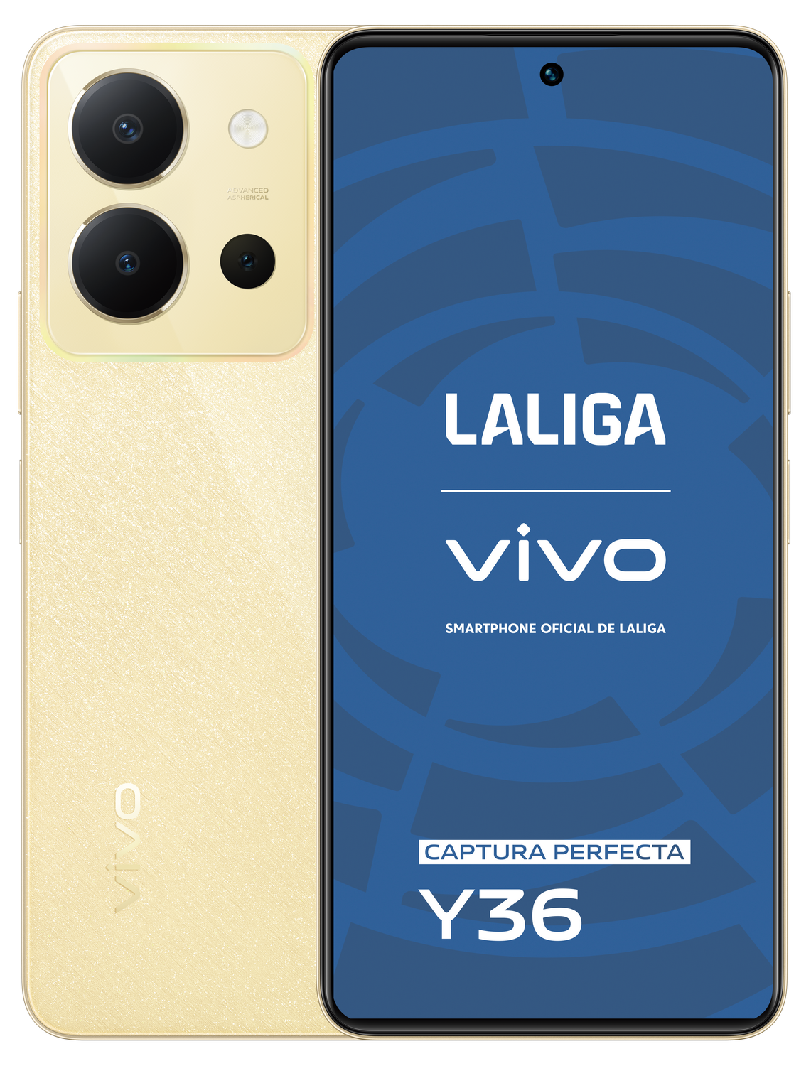 Teléfono dorado Vivo Y36, vista frontal y trasera, con texto La Liga y Vivo.