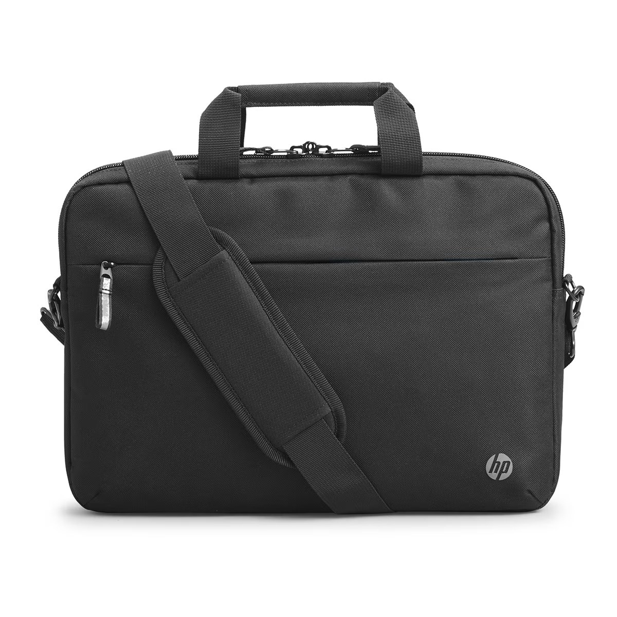 Bolsa para portátil HP negra con asa y correa para el hombro.