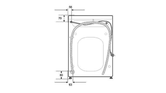 Ein Diagramm, das die Rückseite einer Waschmaschine mit Abmessungen zeigt.