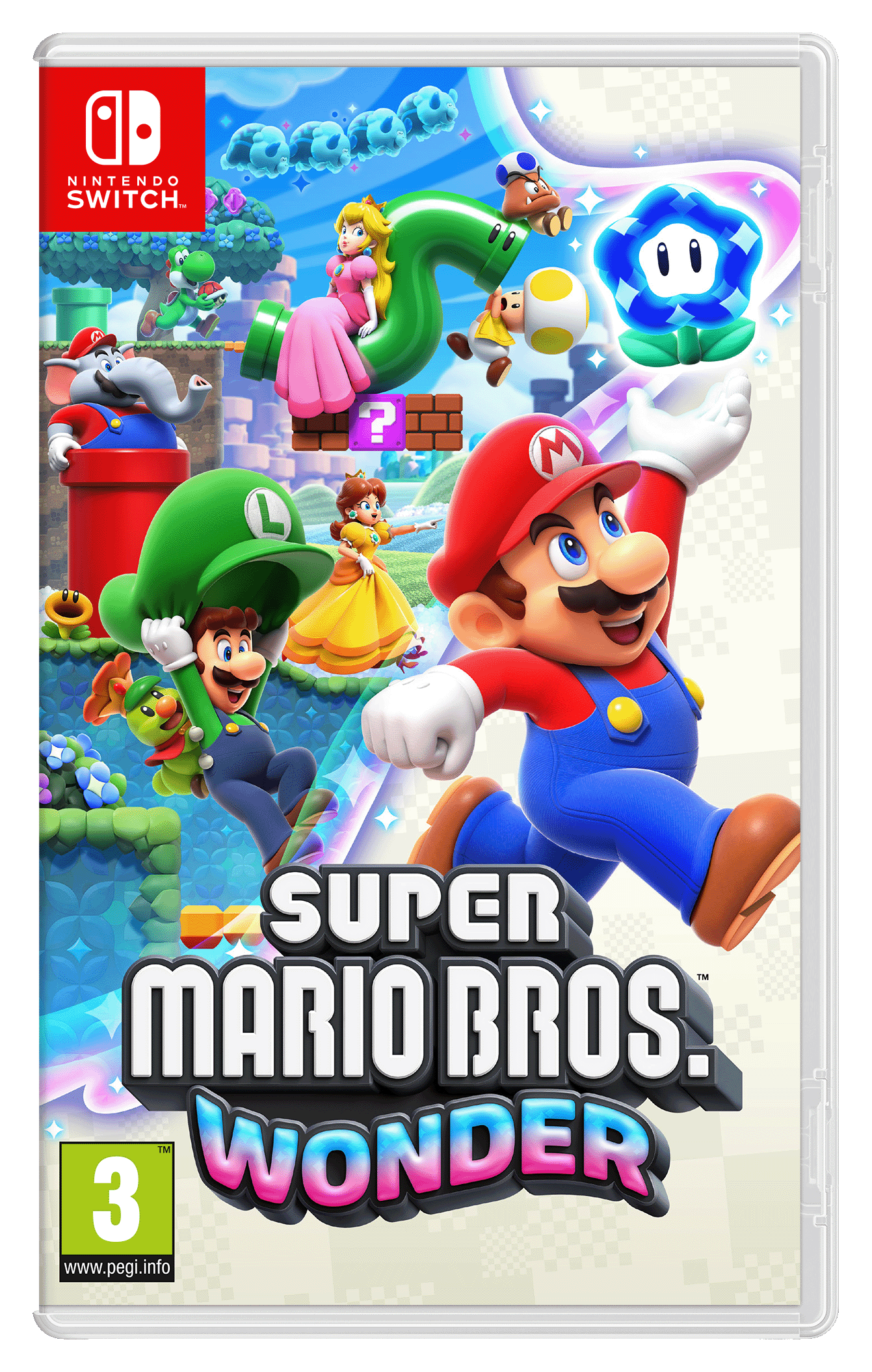 Boîte de jeu Super Mario Bros. Wonder avec Mario, Luigi, Peach, Daisy et d'autres personnages.