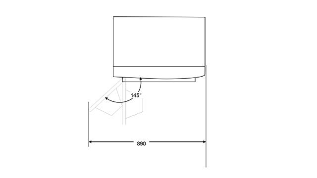 Strichzeichnung, die einen Schrank mit einer Tür zeigt, die sich in einem 145-Grad-Winkel öffnet.