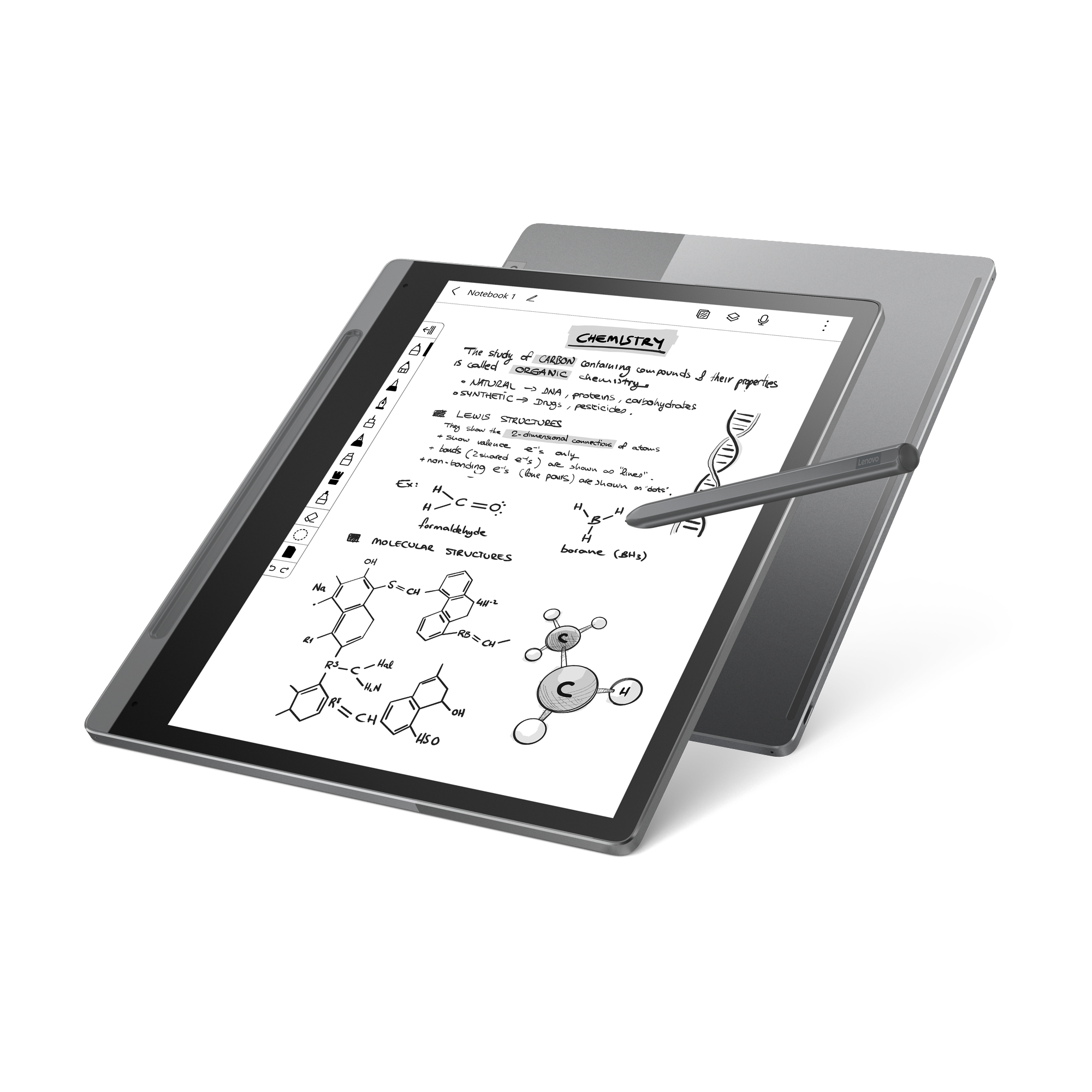 Tablet mit Chemie-Notizen und Diagrammen, mit Stift. Ein weiteres Tablet dahinter.
