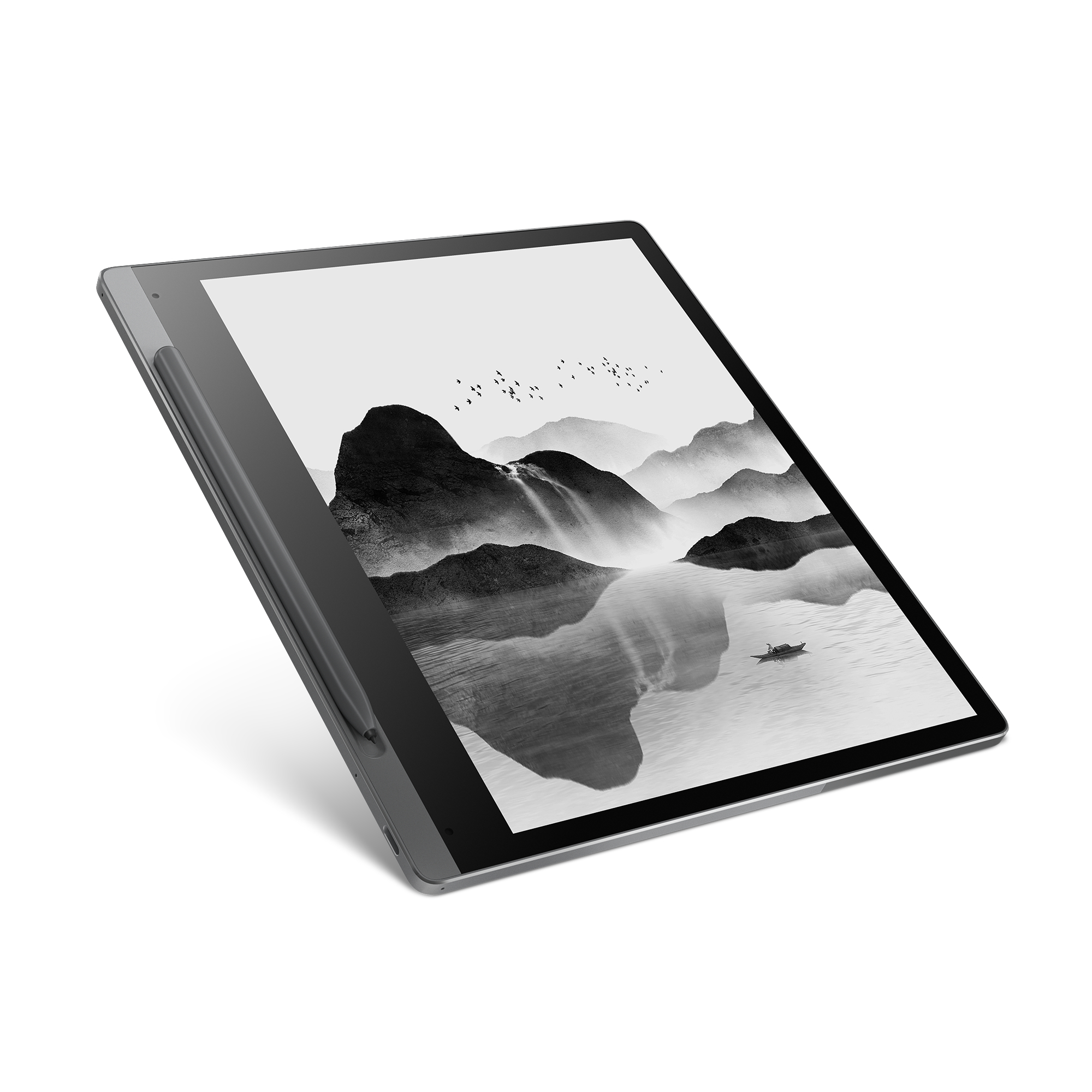 Tablet mit schwarzem Rahmen, Landschaft mit Bergen, See und Vögeln, weißer Hintergrund.