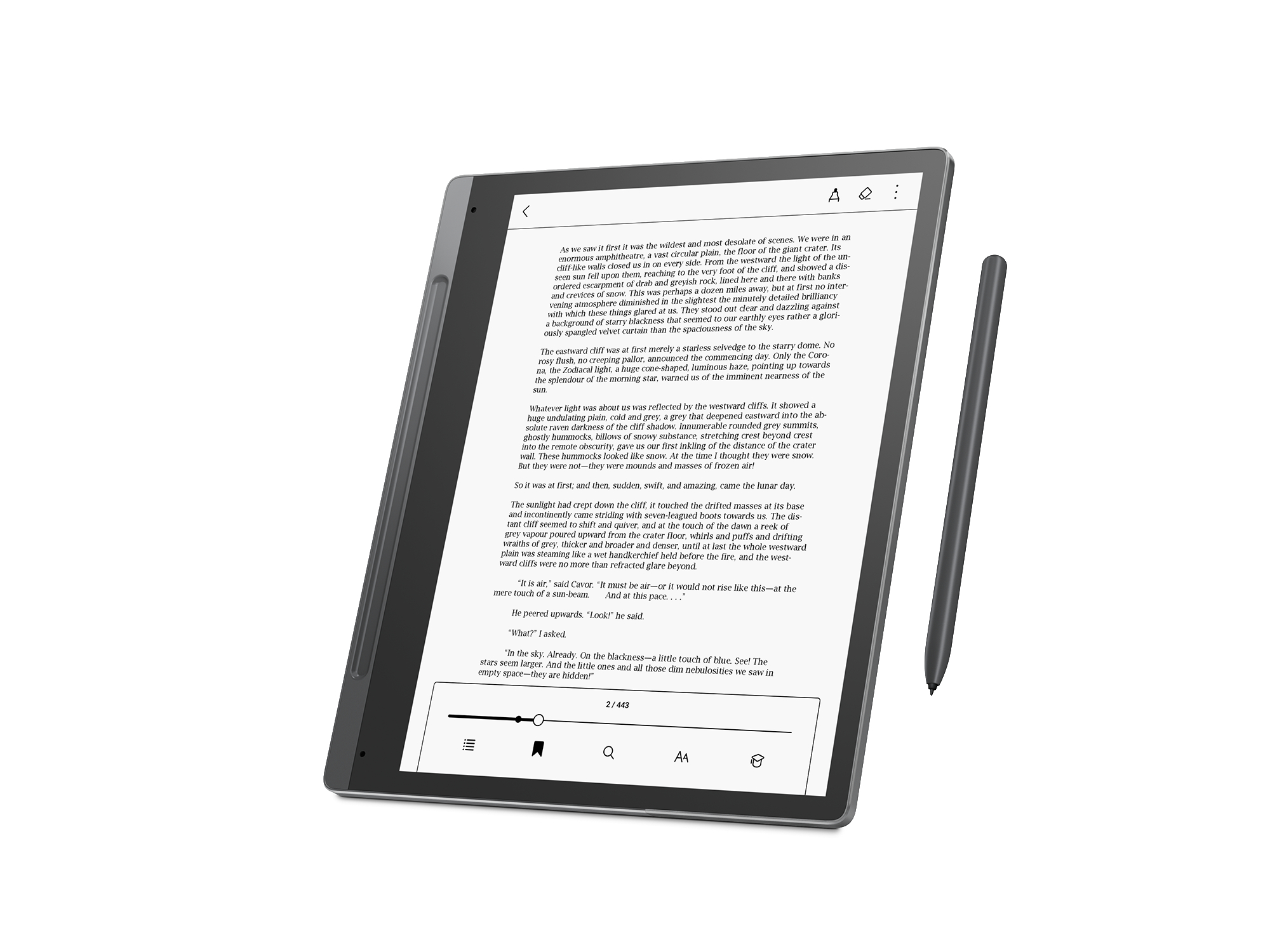 Ein Tablet mit Stift auf weißer Oberfläche, das eine Buchseite anzeigt.