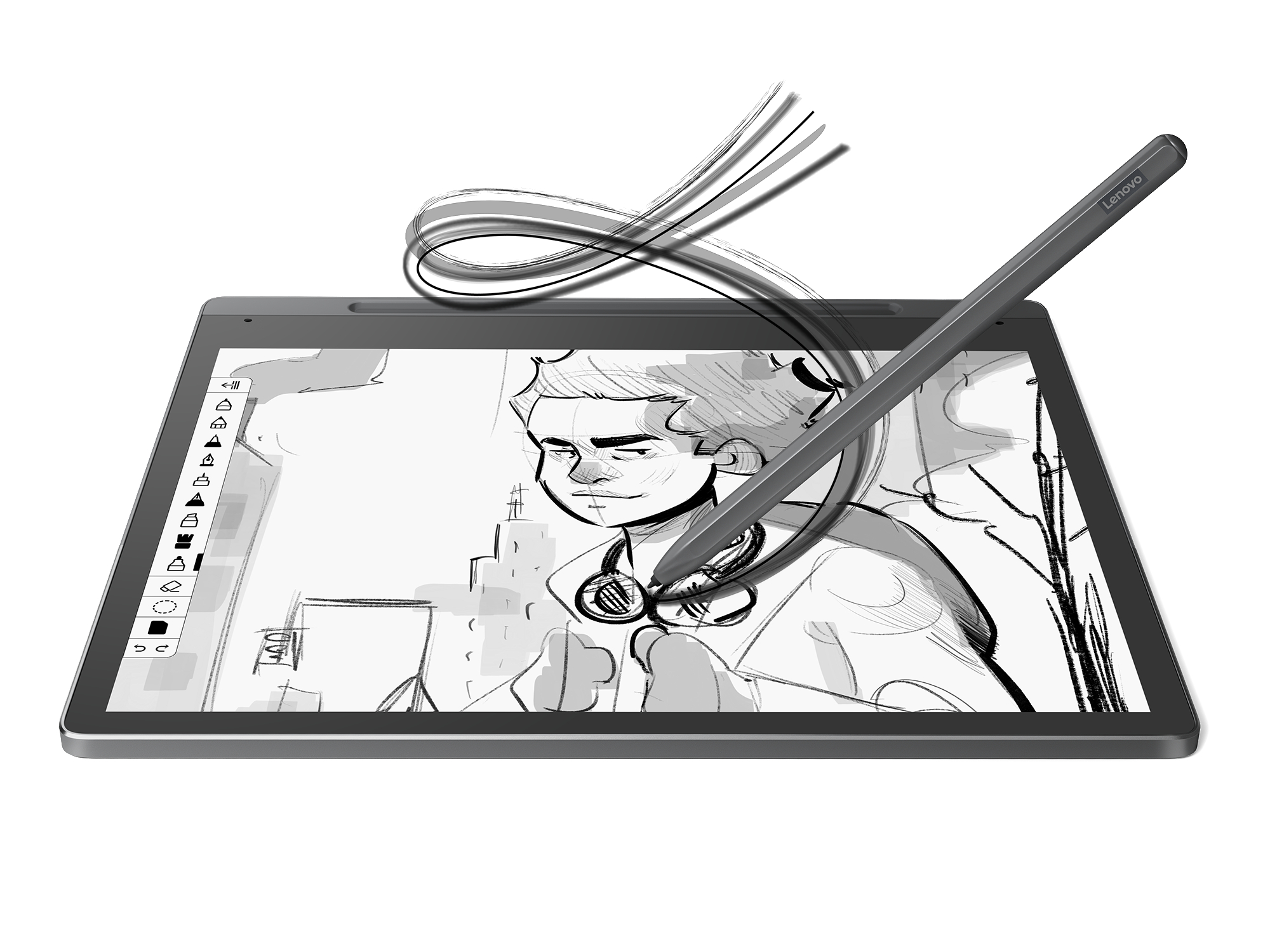 Ein Tablet mit einer Zeichnung auf dem Bildschirm und einem Stift.