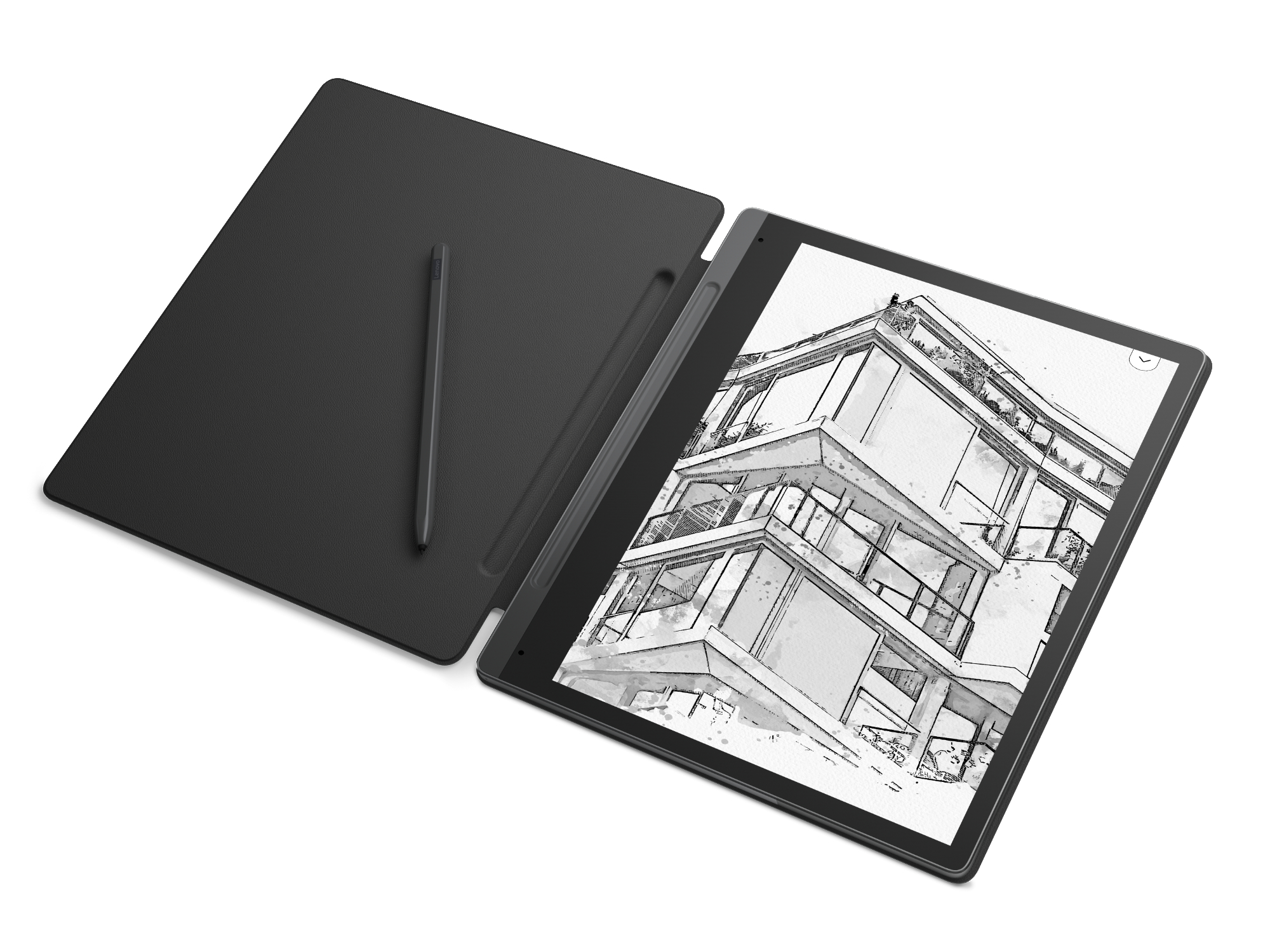 Ein schwarzes Tablet mit Hülle, einem Stift und einer Zeichnung eines Gebäudes auf dem Bildschirm, alles auf weißem Hintergrund.