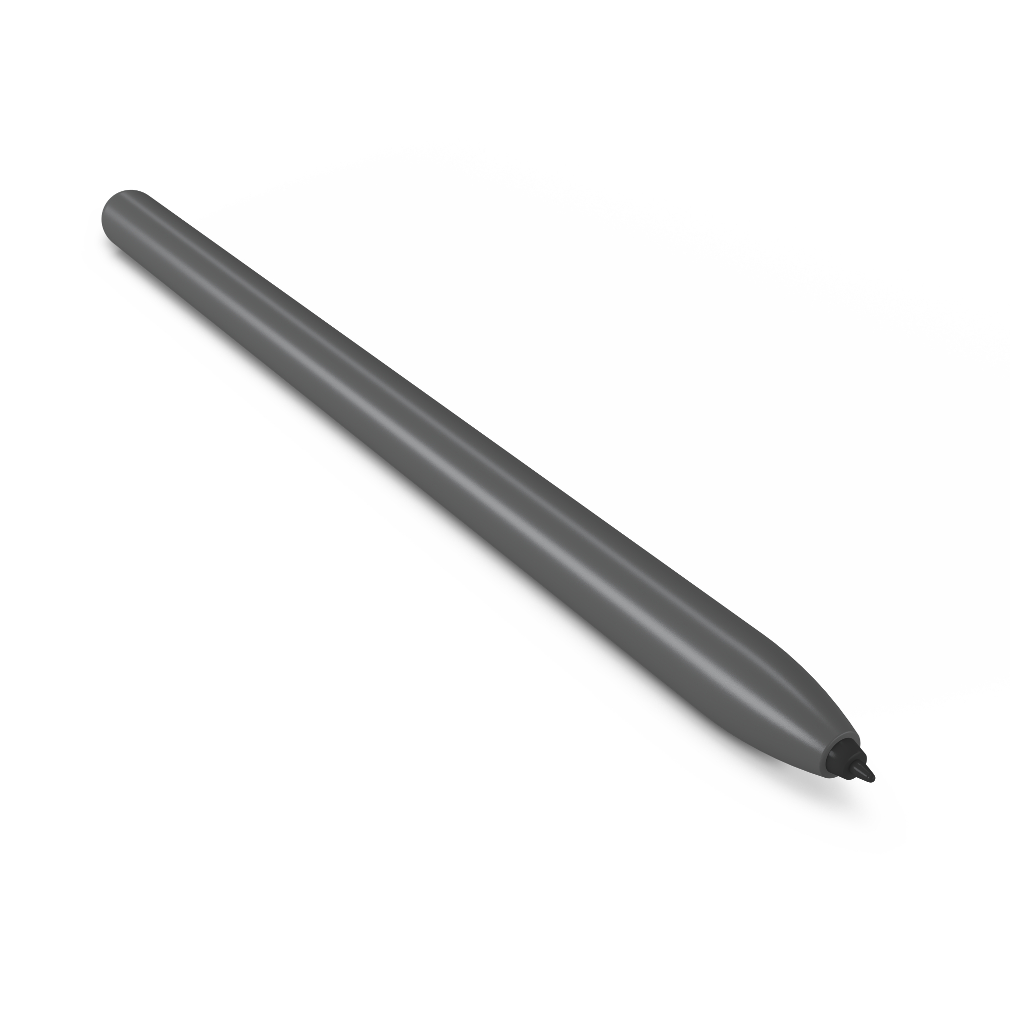 Ein grauer Stift auf einer weißen Oberfläche, von oben links nach unten rechts geneigt.