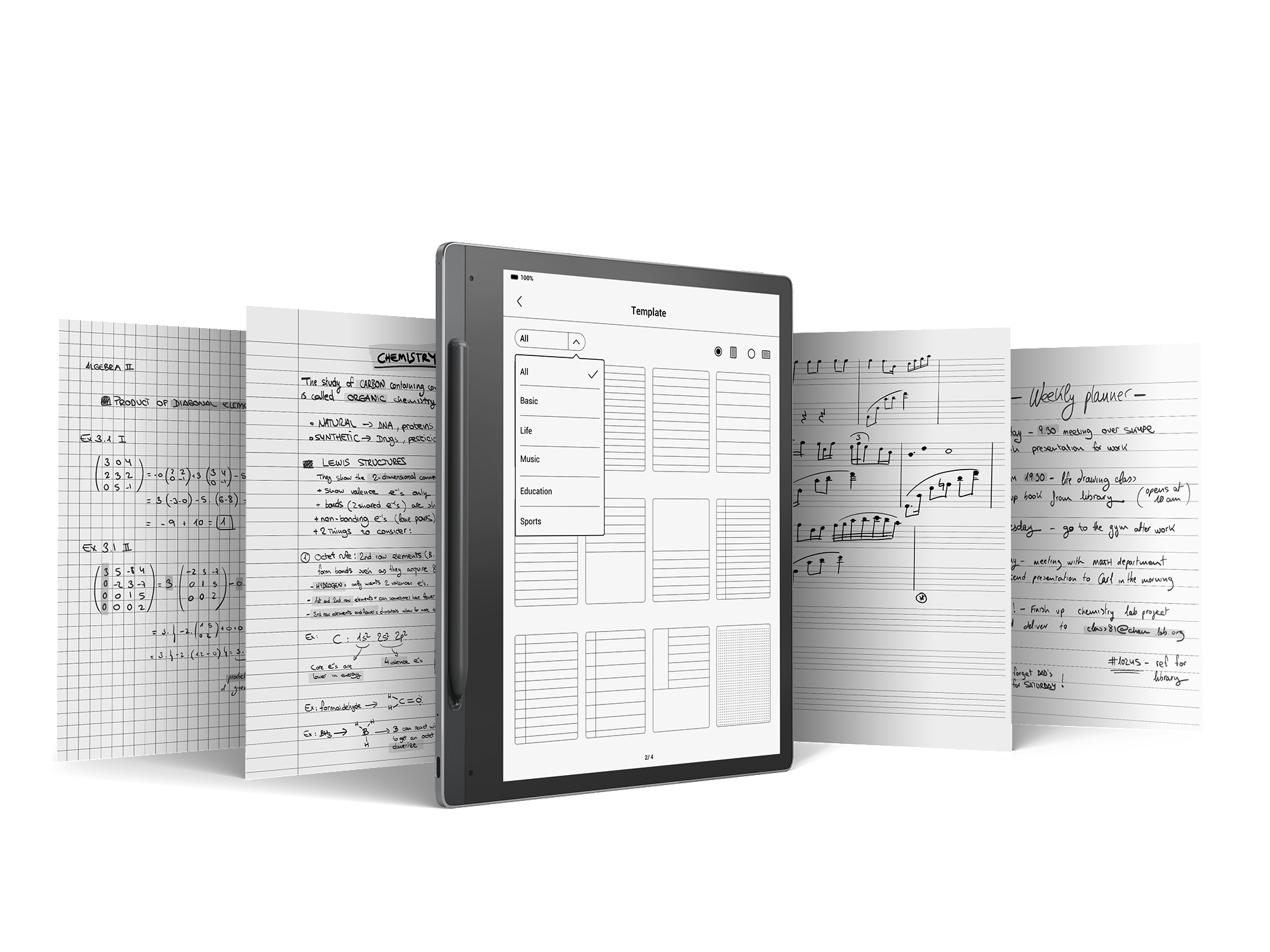 Ein Tablet, das Notizen zeigt. Mehrere Seiten handschriftlicher Notizen werden angezeigt.