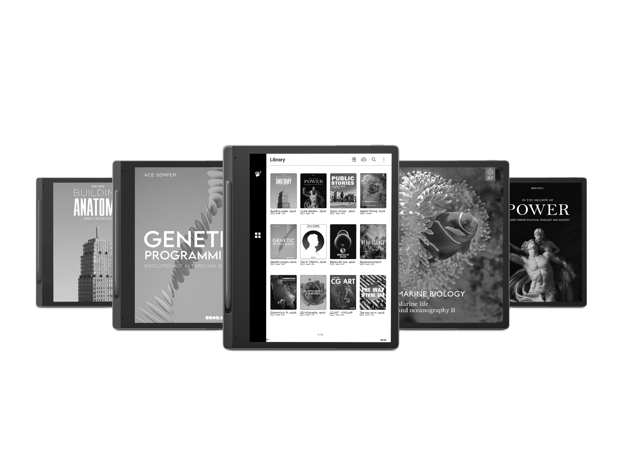 Mehrere E-Reader mit Buchcovern. Einer zeigt eine Bibliotheks-Oberfläche.