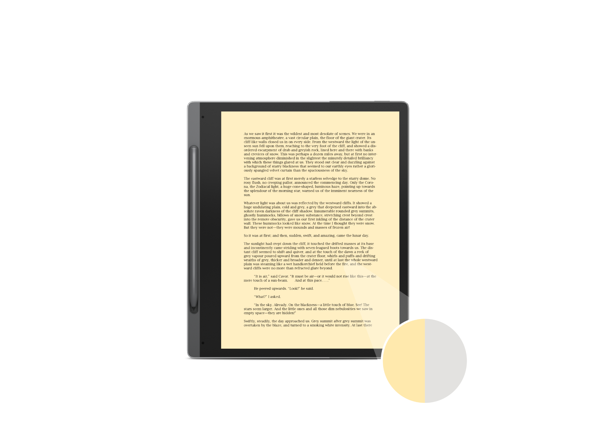 Ein schwarzer E-Reader mit Text auf dem Bildschirm. Er hat einen weißen und gelben Kreis rechts.