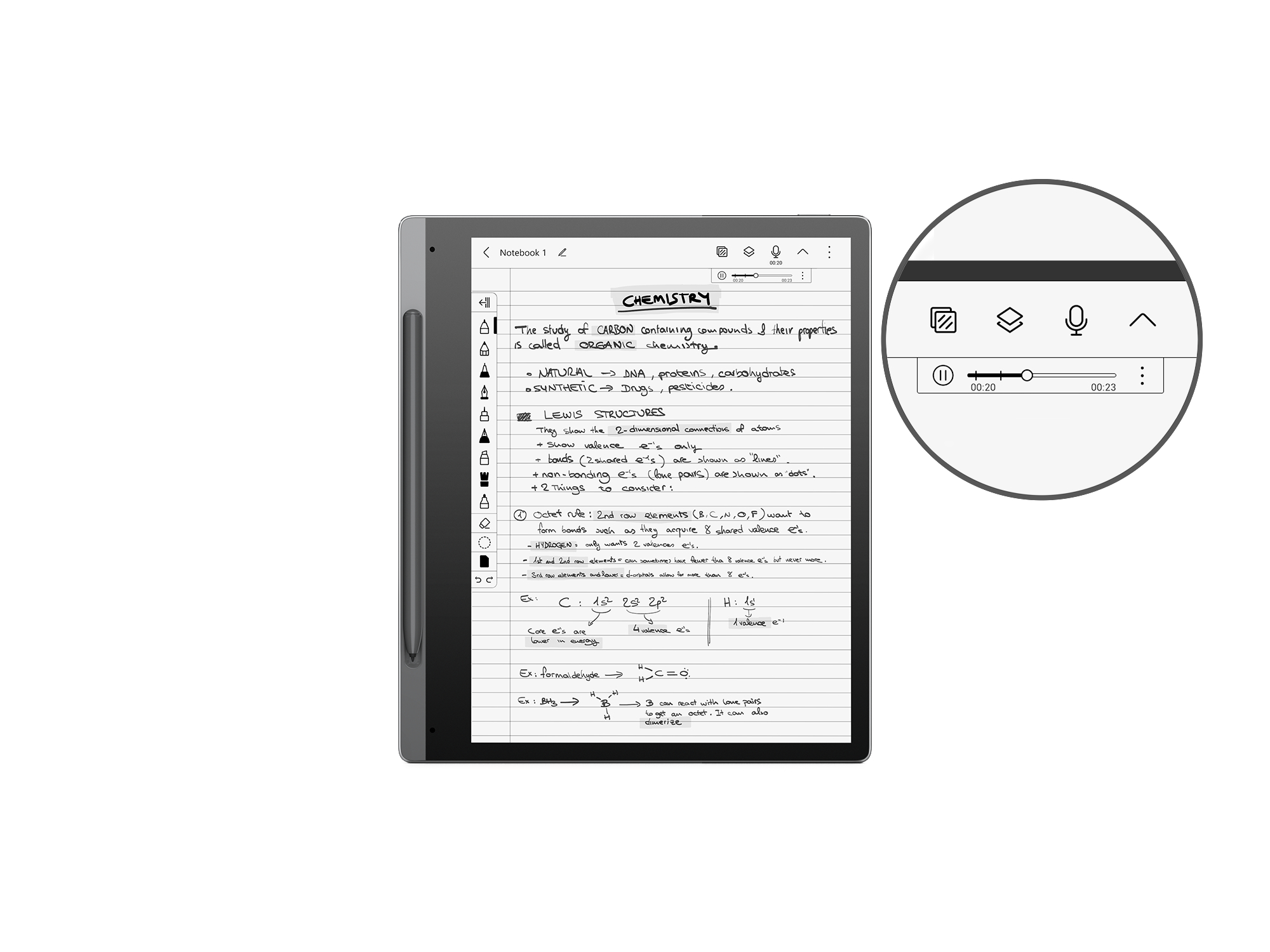 Tablet mit handschriftlichen Notizen. Rechts befindet sich ein Bedienfeld mit Wiedergabe-, Ebenen- und Mikrofonsymbolen.