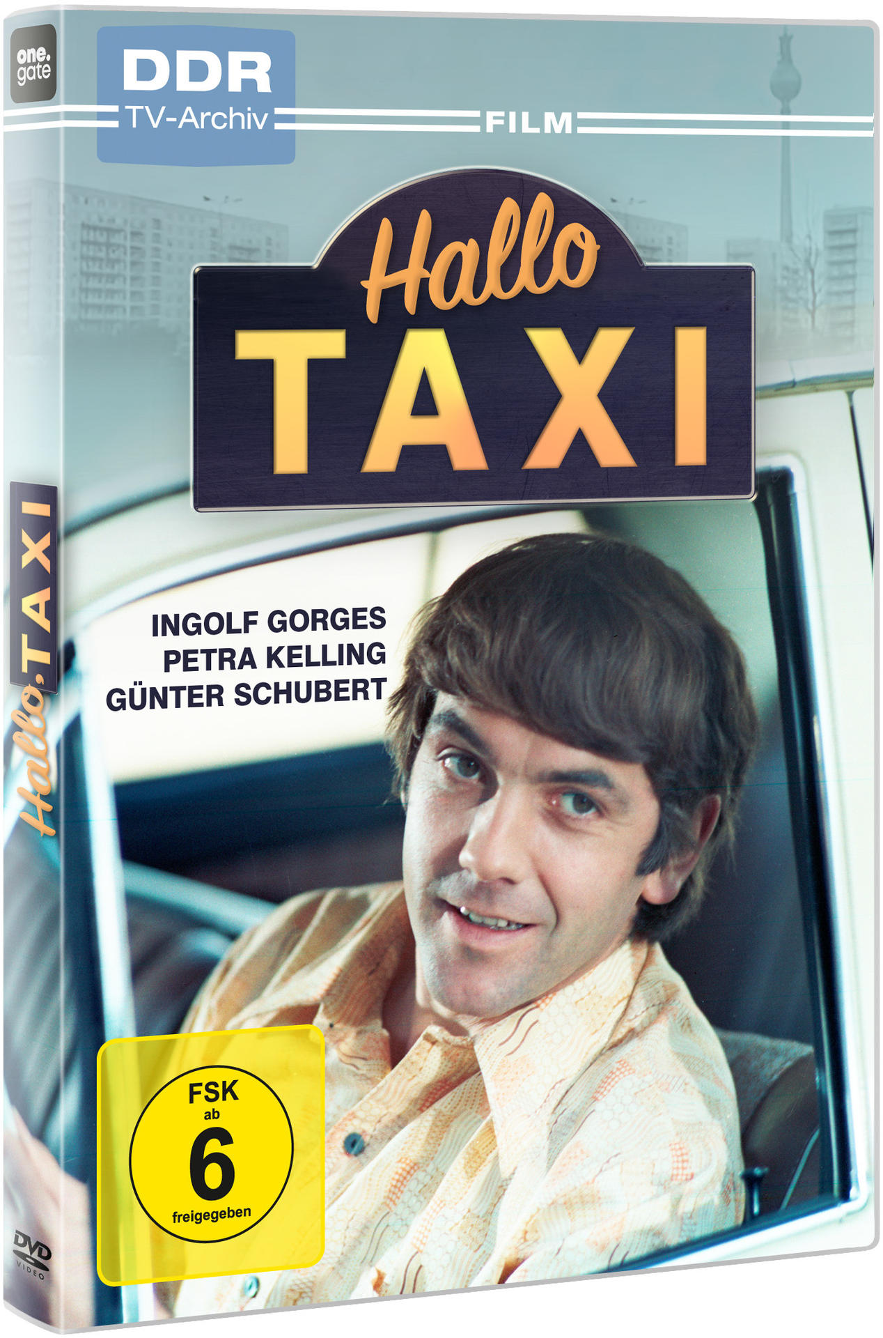 DVD-Hülle für den Film 'Hallo Taxi' mit einem Mann in einem gelben Hemd.