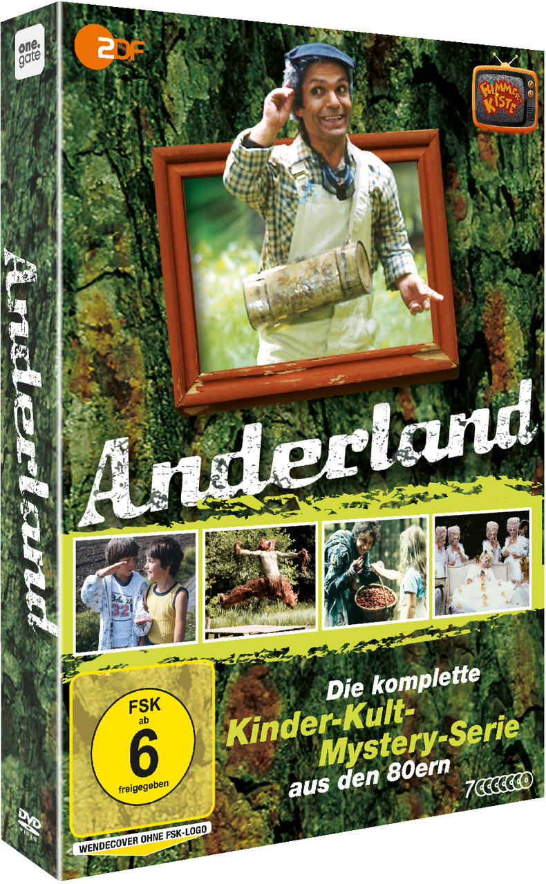 DVD-Cover 'Anderland'. Zeigt einen Mann in einem Rahmen und mehrere Kinder in einem Wald.