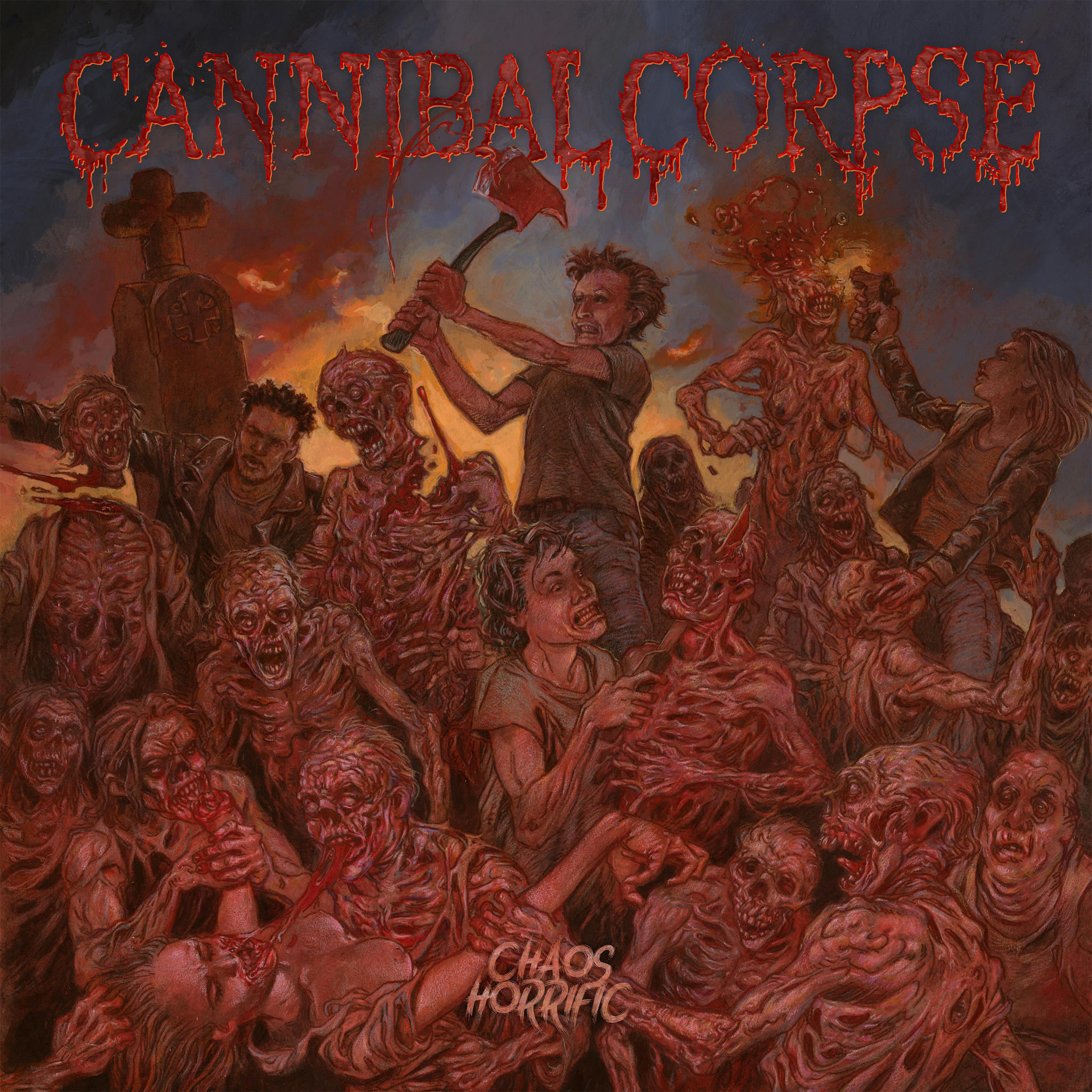 Pochette de l'album Cannibal Corpse. Une foule de zombies avec un homme maniant une hache, couverts de sang.