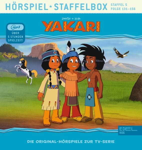 Yakari Hörspiel-Box-Set. Enthält Zeichentrickfiguren und einen fliegenden Adler. Helle Farben.