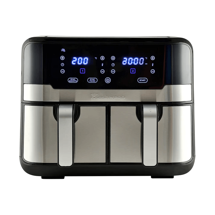 Una freidora de aire negra y plateada con una pantalla digital que muestra la configuración.