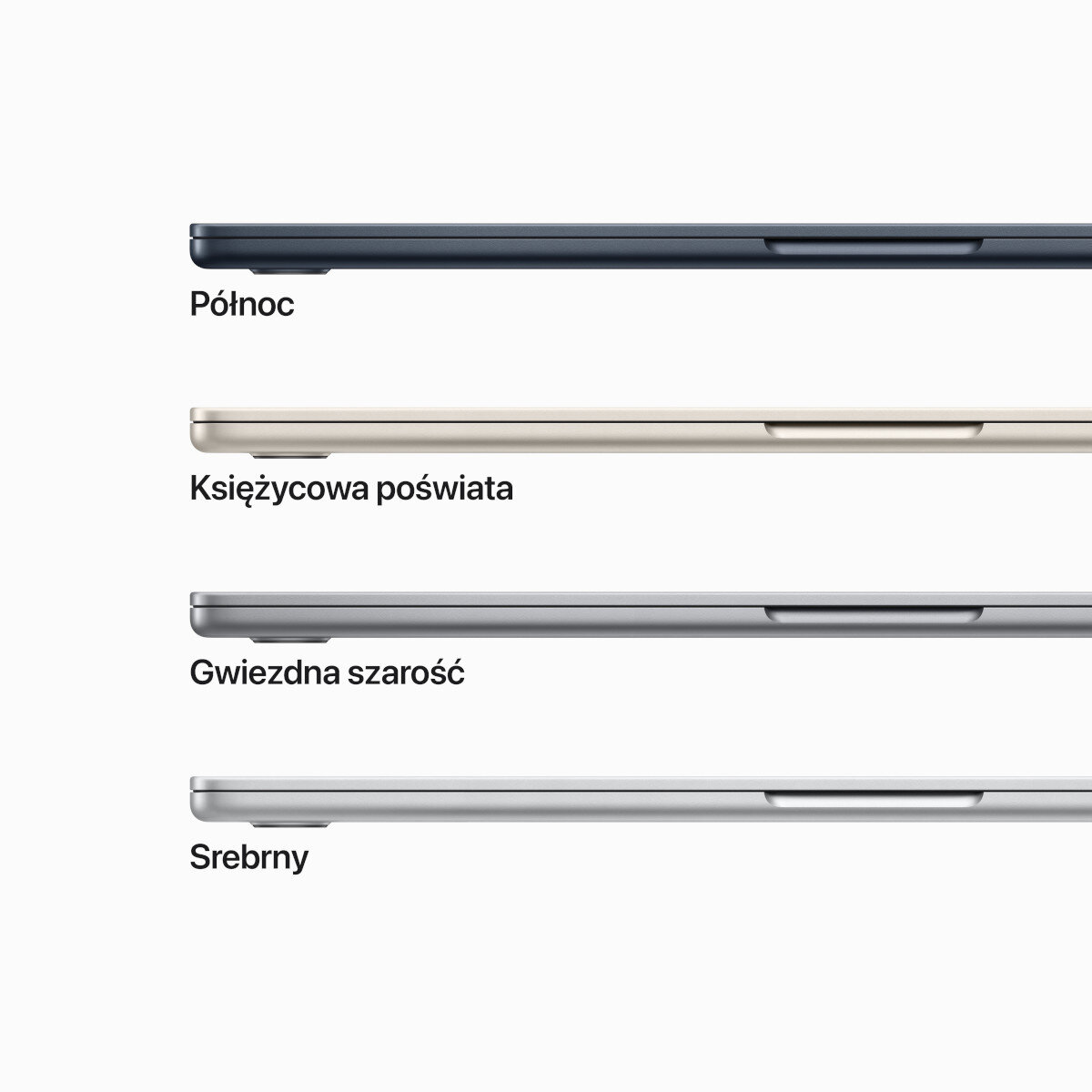 Cztery laptopy obok siebie w różnych kolorach: północ, światło księżyca itp.