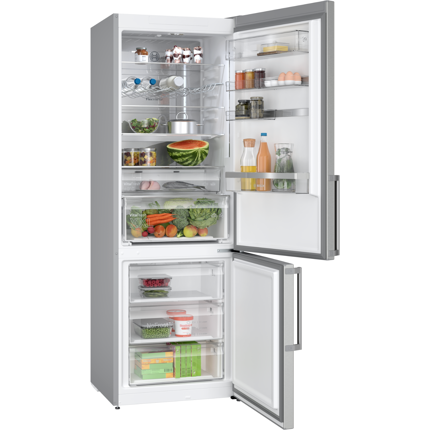 Refrigerator, open. Inside are shelves with food items, including vegetables and drinks.