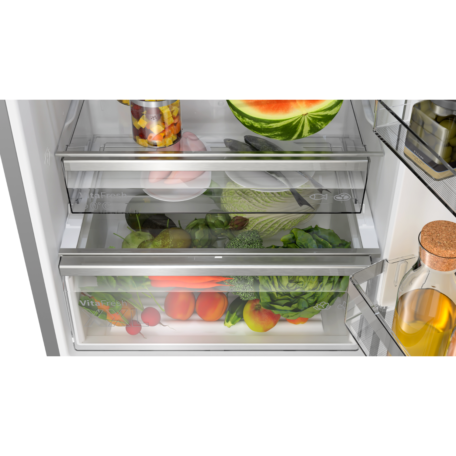 Open refrigerator with two drawers filled with fruits, vegetables, and other food items.