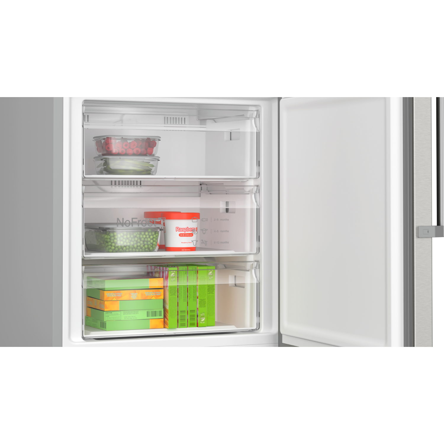 Refrigerator interior with open door. The inside has shelves with food items like berries and frozen vegetables.