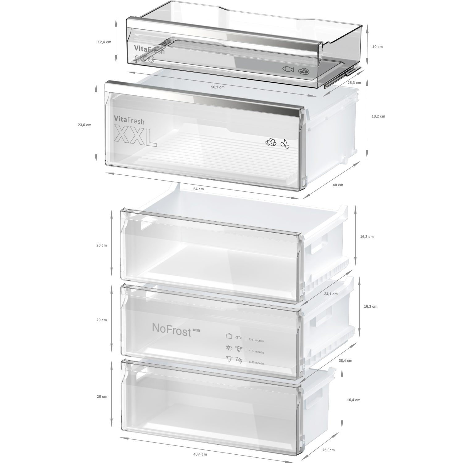 Three white plastic drawers, with dimensions labeled. The top drawer is clear.
