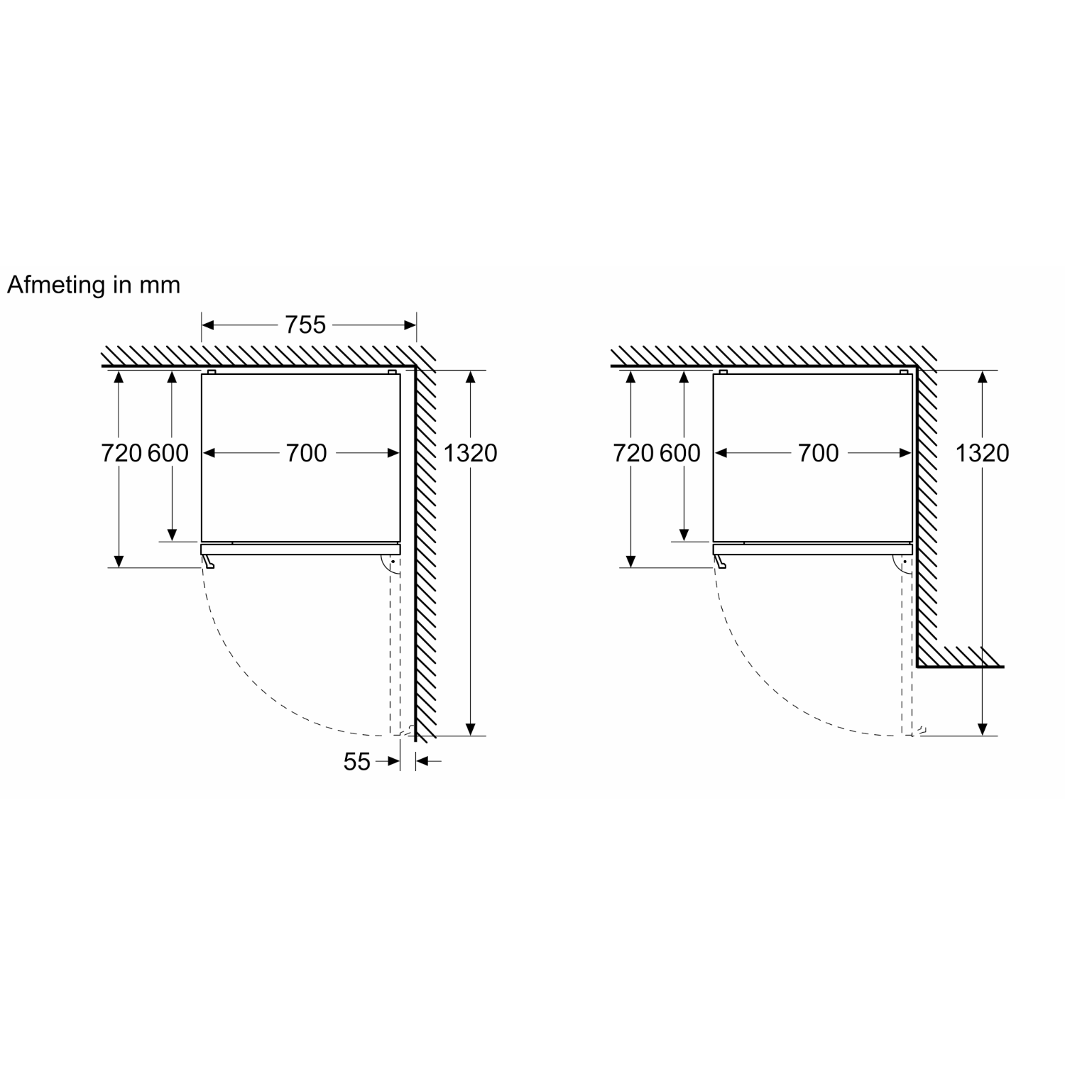 Diagram showing measurements for a kitchen cabinet installation.