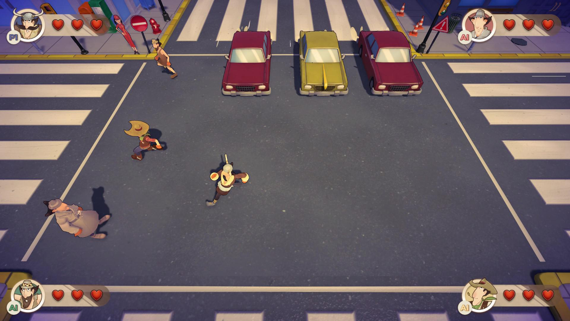 Ein Videospielbildschirm zeigt eine Zeichentrick-Straßenszene mit Autos.