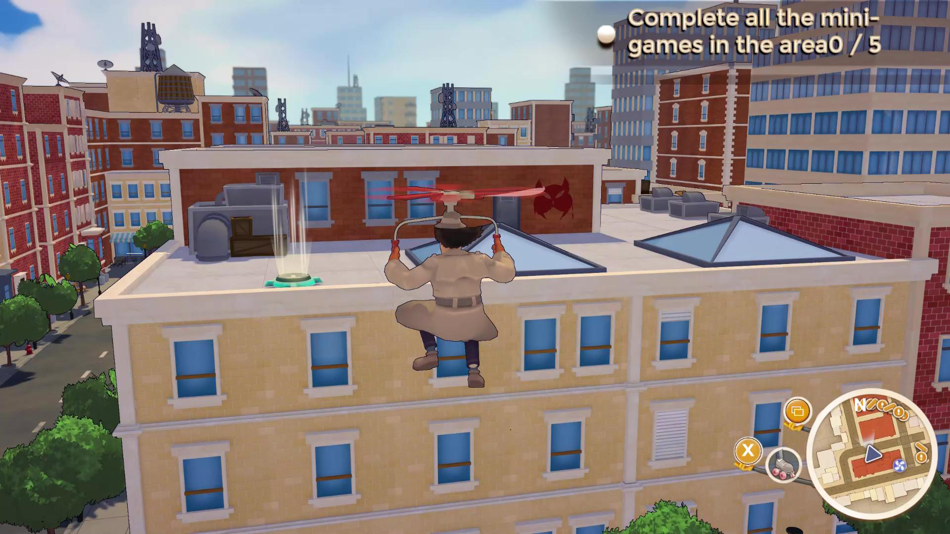 Eine Cartoon-Spielszene mit einer Figur, die über Gebäude fliegt, mit einer Stadt im Hintergrund.