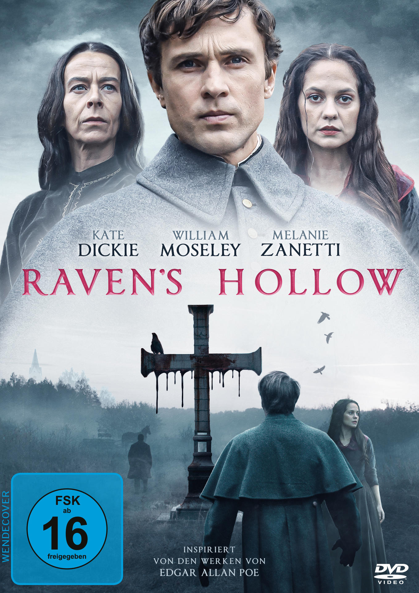 Filmcover: Raven's Hollow. Drei Personen, ein Kreuz und Raben. Dunkle, gotische Atmosphäre mit blauem Himmel.