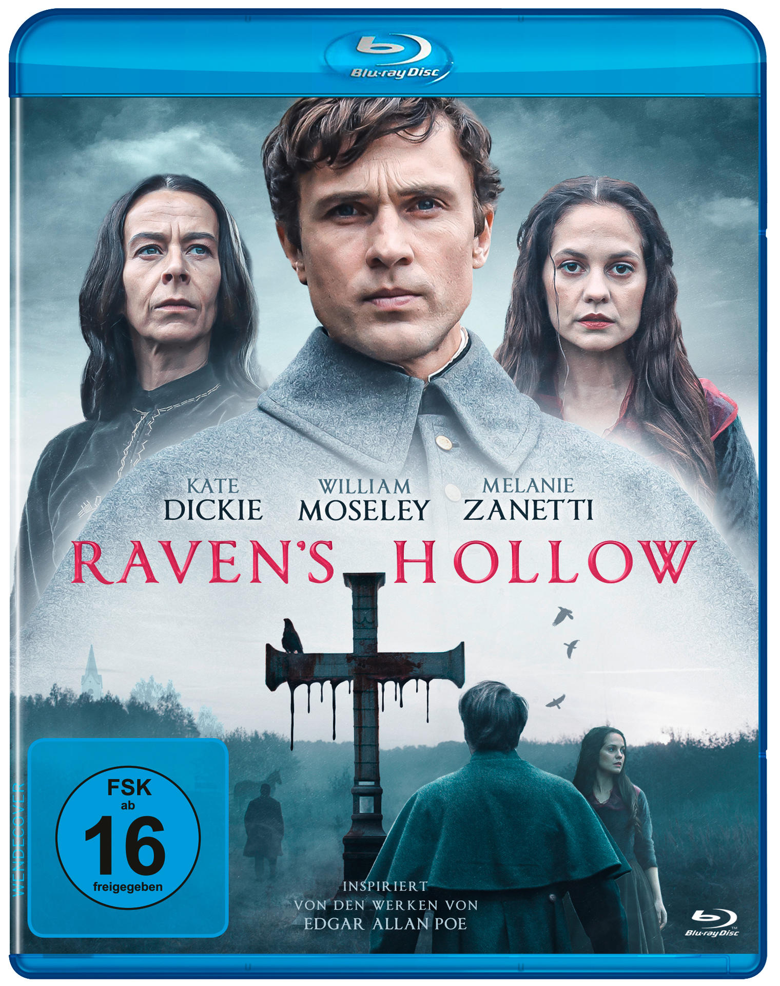 Blu-ray-Cover: Drei Personen, Kreuz, Titel 'Raven's Hollow' und die Namen der Schauspieler und Bewertung.