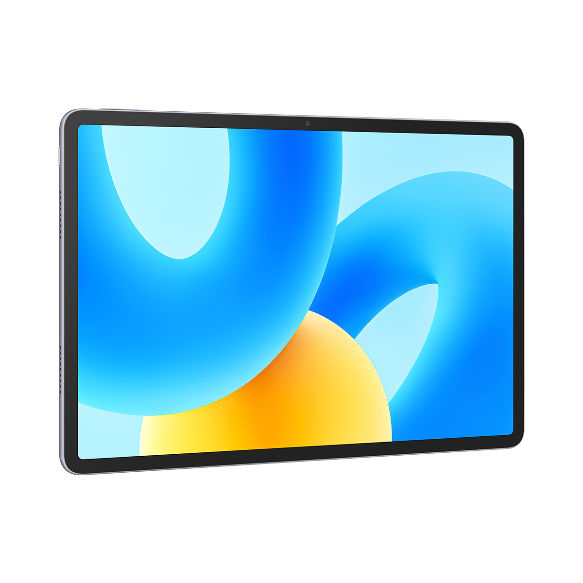 Mavi ve sarı soyut arka planlı, siyah çerçeveli tablet.