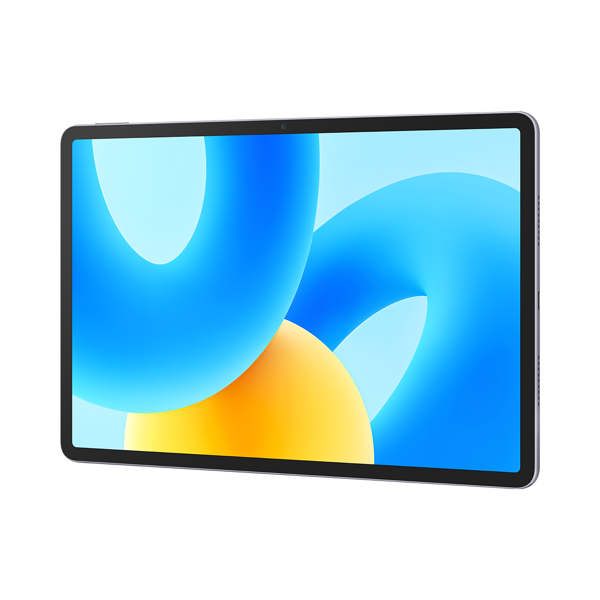 Mavi ve sarı soyut bir arka plana sahip tablet. Karanlık bir çerçeveye ve ön kameraya sahip.