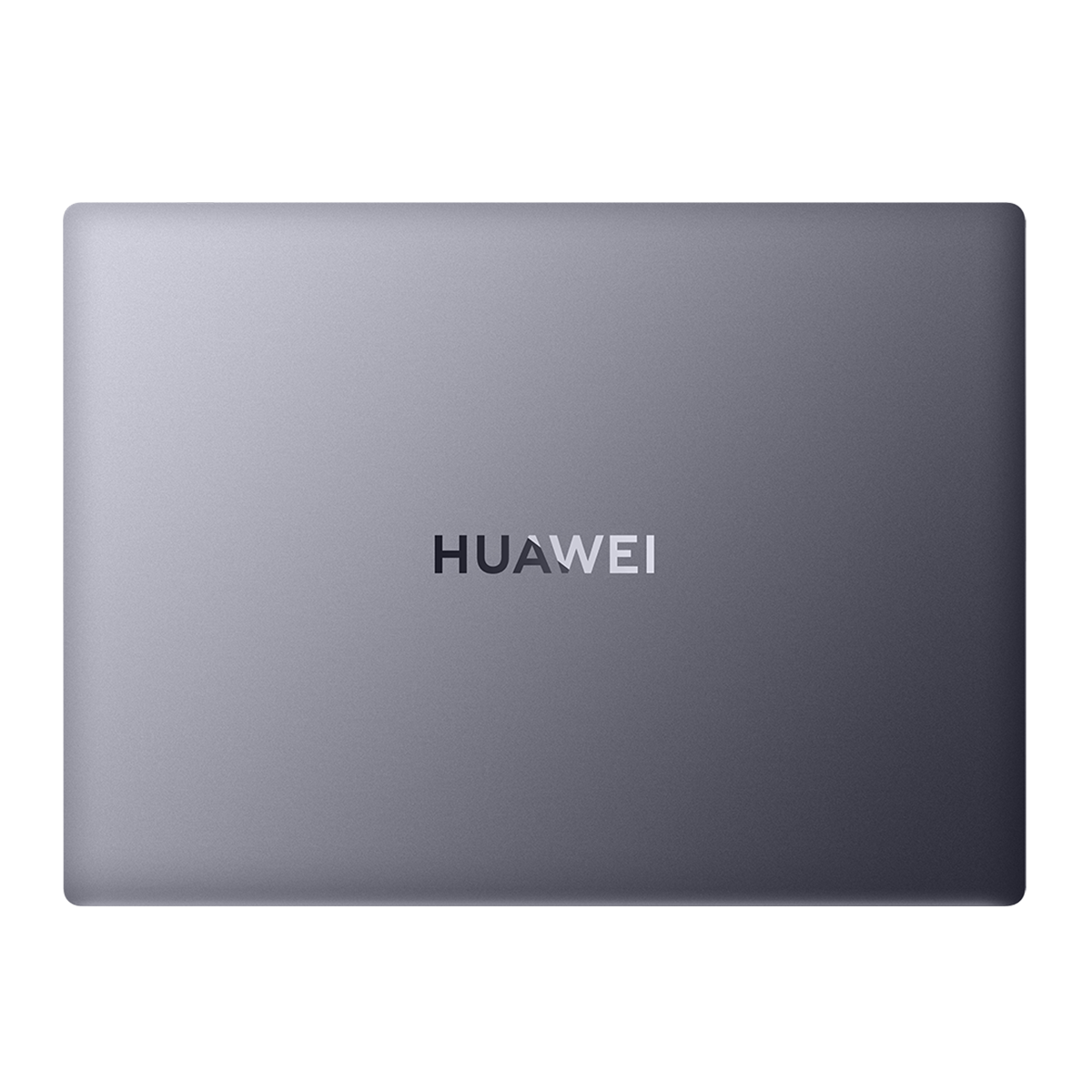 Siyah zemin üzerinde gri bir Huawei dizüstü bilgisayarın üstten görünümü.