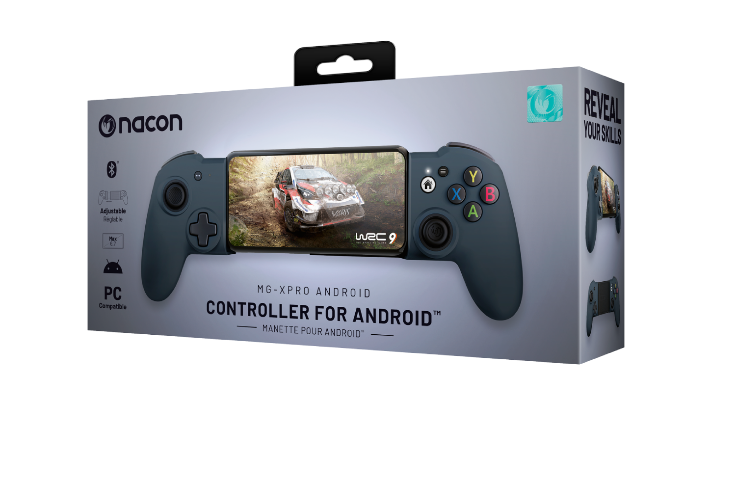 Un controlador de juegos para Android. Está en una caja, con un teléfono en el medio. El controlador es gris.